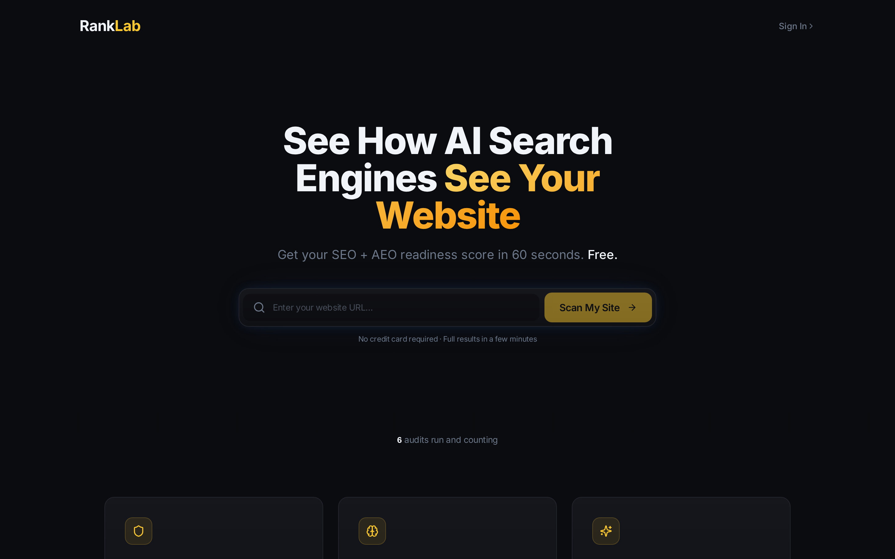 Rank Lab SEO and AEO website intelligence application screenshot