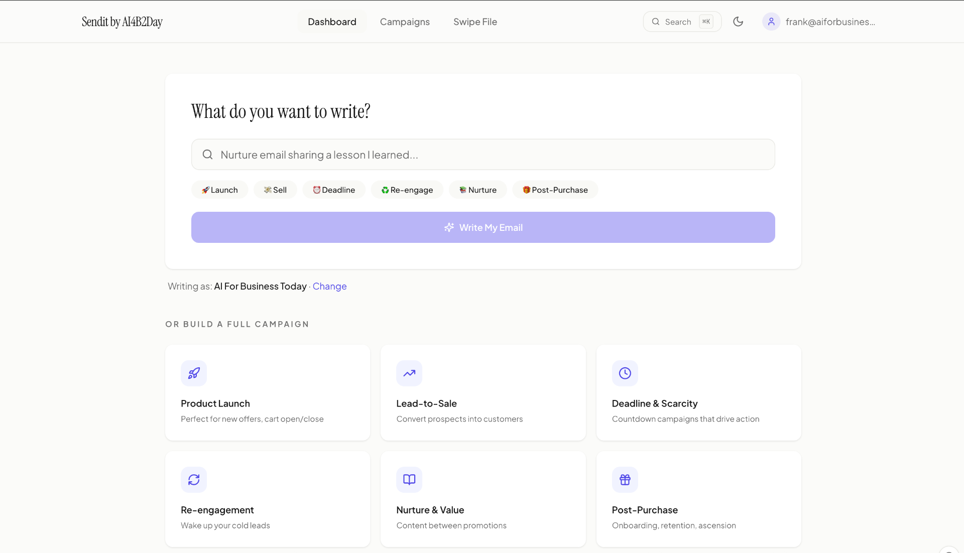 Sendit AI email campaign drafting application screenshot