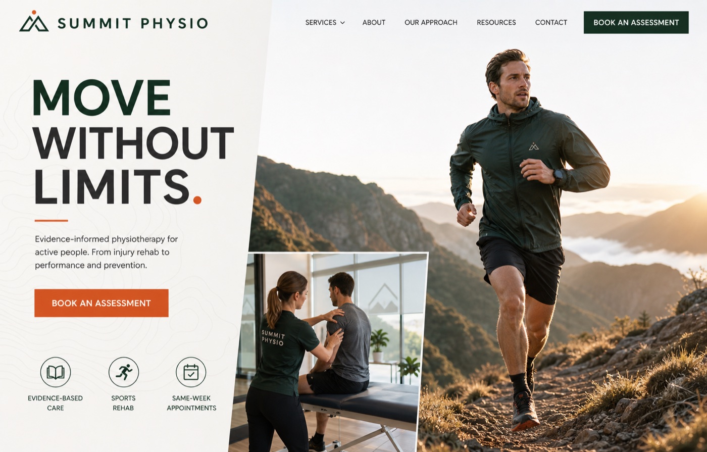 Summit Physio homepage with a trail runner, assessment photography, and booking call to action